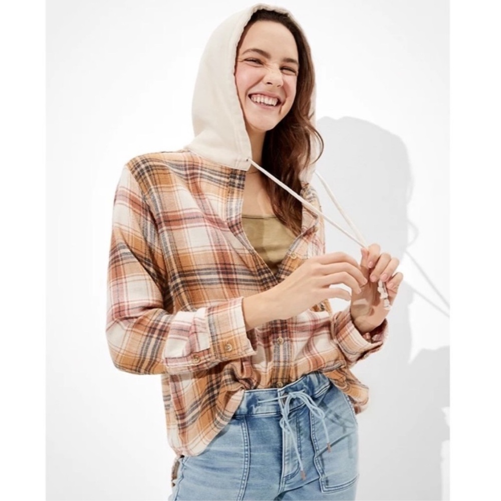 American Eagle Oversized Hooded Flannel Shirt